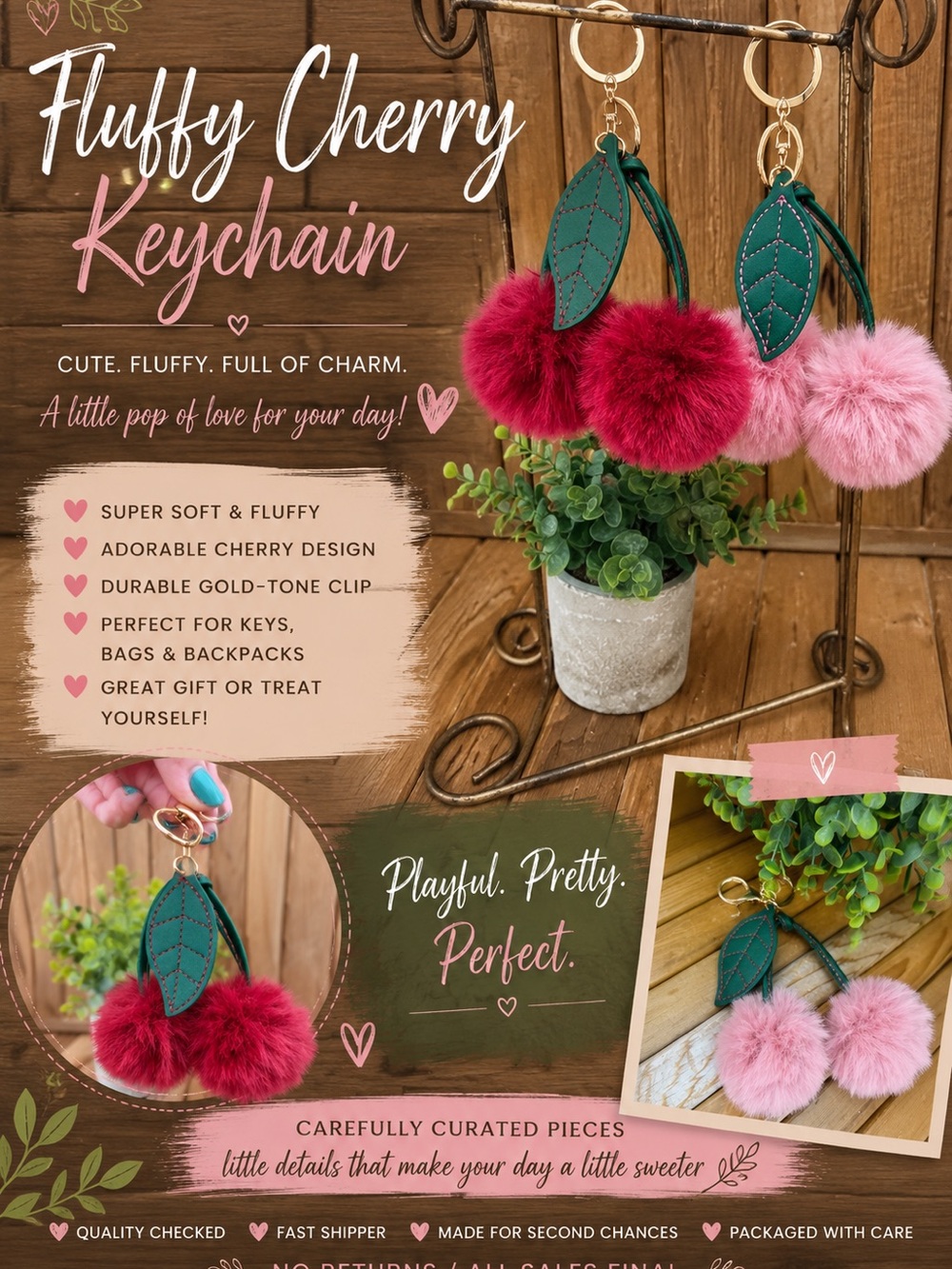 Fluffy Cherry Pom Pom Keychain Bag Charm, in Red or Pink